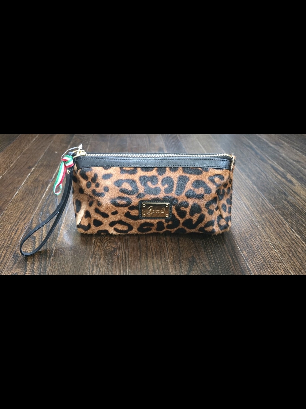 Cavalcanti Leopard Hair-On Hide Cosmetic Bag Wristlet Made in Italy